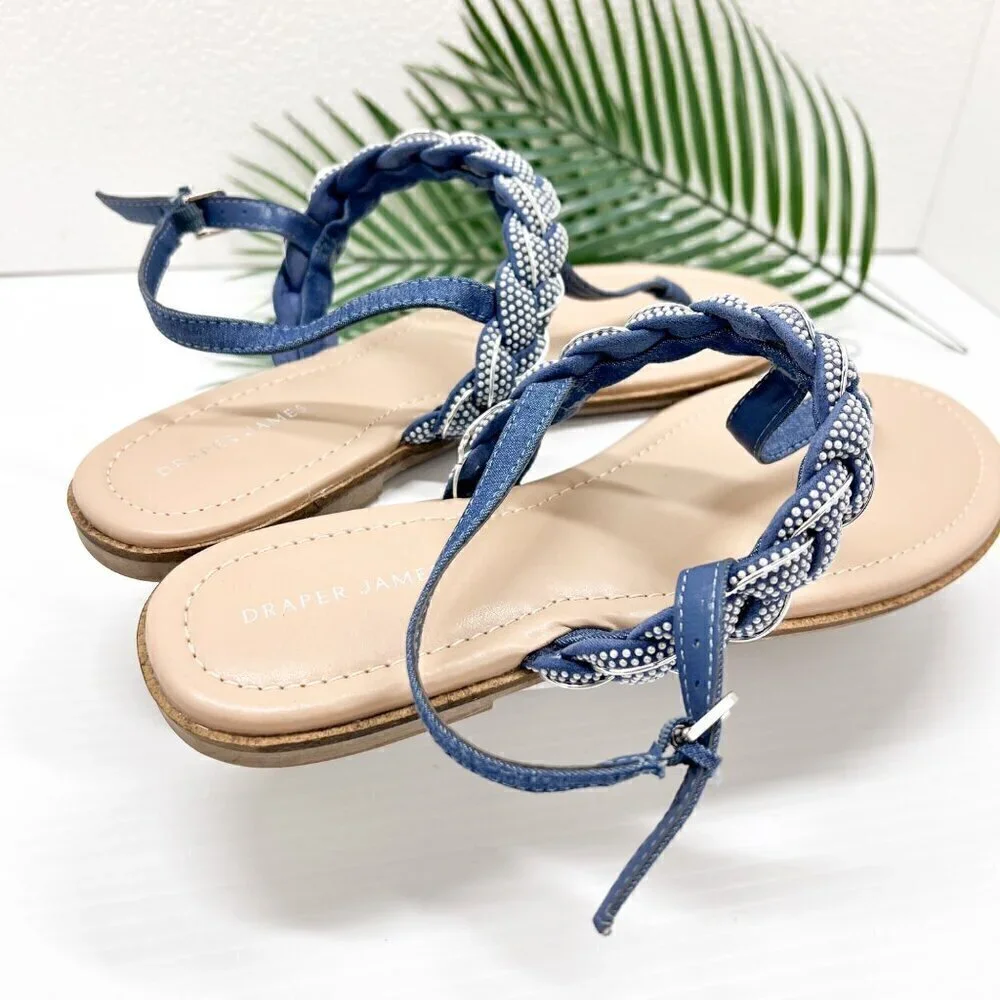 Draper James Blue Julianna Braided Embellished T-Strap Flat Sandals Size 10